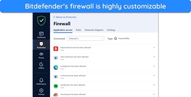 Screenshot of Bitdefender's firewall