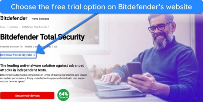 Screenshot showing how to choose the free trial on Bitdefender's website