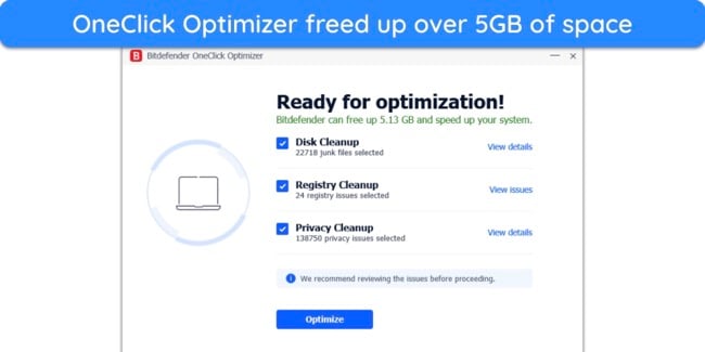 Screenshot showing Bitdefender's OneClick Optimizer scan results