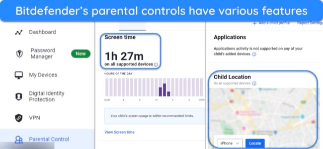 Screenshot showing the various features in Bitdefender's parental controls