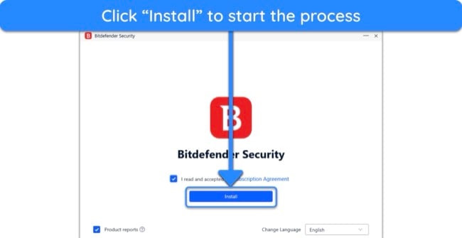 Screenshot showing the beginning of Bitdefender's installation