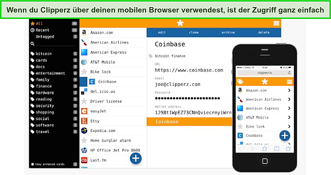 Screenshot von Clipperz im iPhone Safari-Browser.