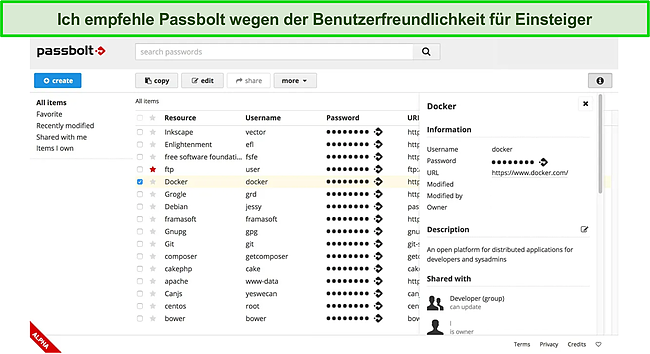 Screenshot der einfach zu navigierenden Benutzeroberfläche von Passbolt.