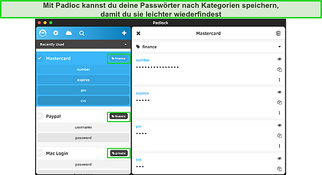Screenshot des Dashboards von Padloc mit nach Kategorien gespeicherten Passwörtern.