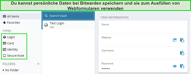 Screenshot des Passwort-Tresor-Dashboards von Bitwarden.