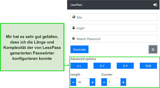 Screenshot des erweiterten Passwortgenerator-Dashboards von LessPass.