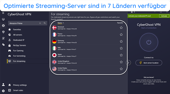 Bild der Windows-App von CyberGhost, das die optimierten Amazon Prime Video-Serverstandorte zeigt.