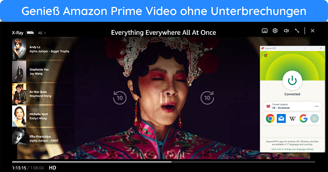 Bild von Amazon Prime Video, das „Everything Everywhere All At Once“ mit ExpressVPN streamt und mit einem britischen Server verbunden ist.