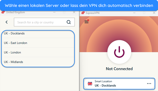 Bild der Windows-App von ExpressVPN, das die Serverauswahl in Großbritannien zeigt und die Verbindungsoption „Smart Location“ hervorhebt.