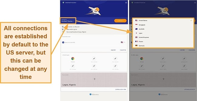 Screenshot of Rocket VPN's server selection interface