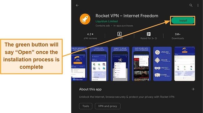 Screenshot from Rocket VPN's Play Store page