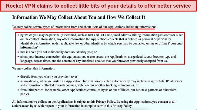 Screenshot of the type of data Rocket VPN collects