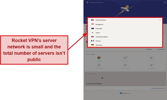 Screenshot of Rocket VPN's server list