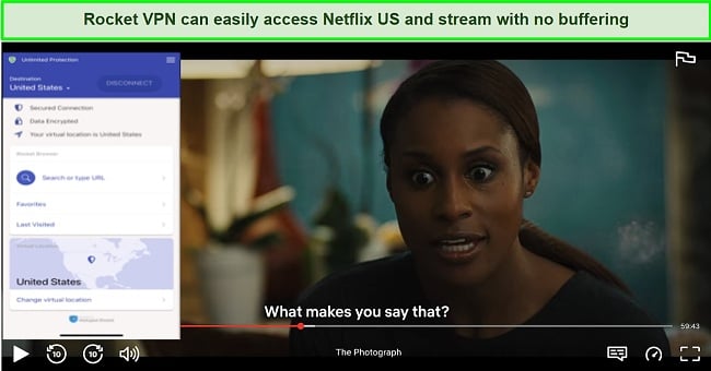 Screenshot of streaming Netflix with Rocket VPN server