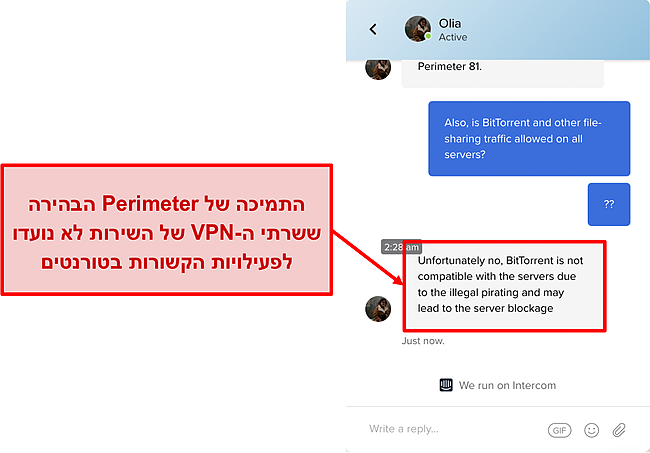 צילום מסך של תגובת תמיכת הלקוחות של Perimeter81 לשאילתת הטורנט שלי.