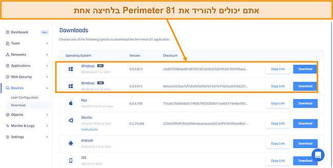 צילום מסך של דף הורדת קובץ ההתקנה של Perimeter 81.