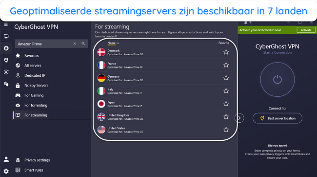 Afbeelding van de Windows-app van CyberGhost, met de geoptimaliseerde Amazon Prime Video-serverlocaties.