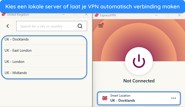 Afbeelding van de Windows-app van ExpressVPN die de Britse serverselectie toont en de Smart Location-verbindingsoptie benadrukt.