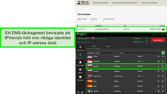 Skärmdump av ett DNS-läckagetest medan IPVanish är ansluten till en server i Slovakien.