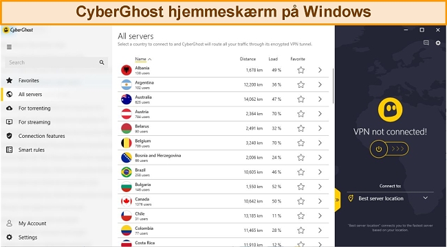 CyberGhost udvidet startskærm på Windows-appen