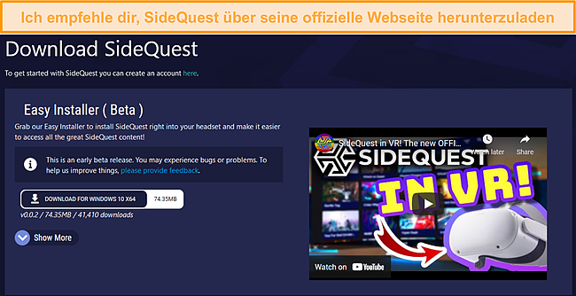Die offizielle Website von SideQuest.