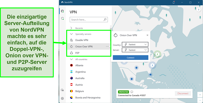 Screenshot, der die bei NordVPN verfügbaren Spezialserver zeigt, darunter auch P2P-optimierte Server für Musik-Downloads