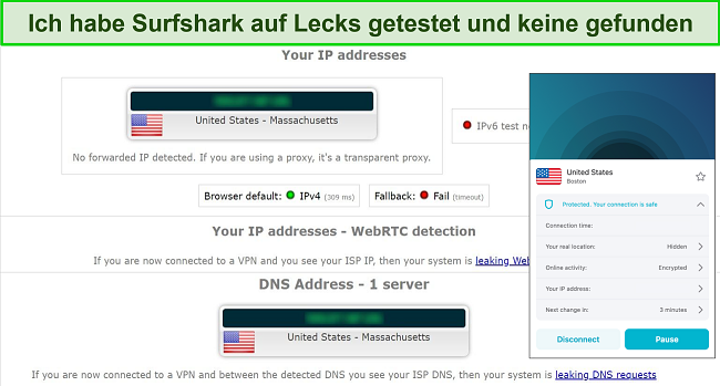 Screenshot, der zeigt, wie Surfshark-Server Lecktests für sichere Musik-Torrent-Downloads bestehen