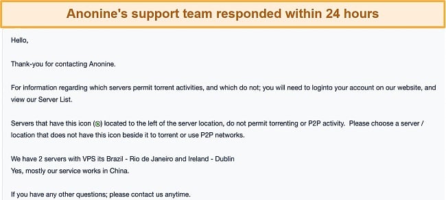 Screenshot of my email interaction with Anonine's support