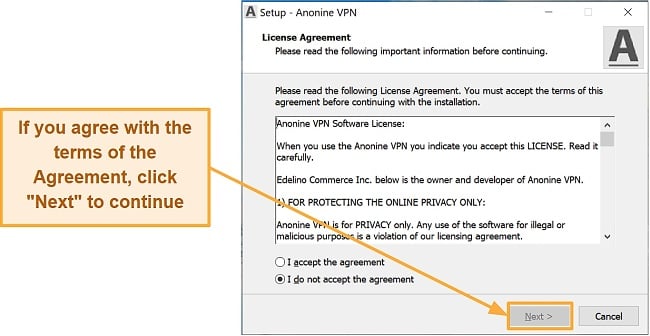 Screenshot of the installation process for Anonine VPN on Windows