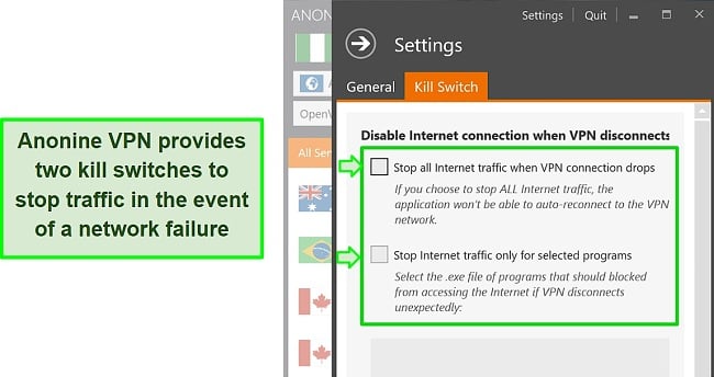 Screenshot of Anonine VPN kill switch feature