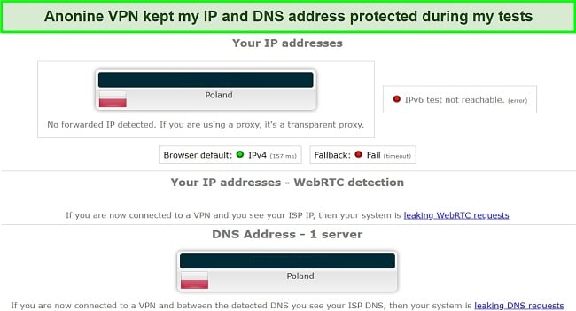 Screenshot of leak test results while using Anonine VPN