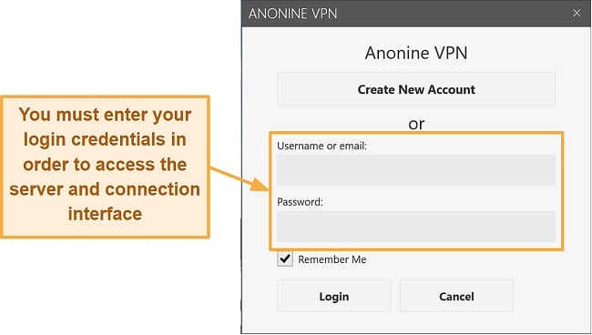 Screenshot of the login interface of Anonine VPN