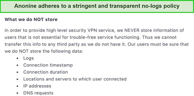 Screenshot of the excerpt of Anonine VPN no-log policy