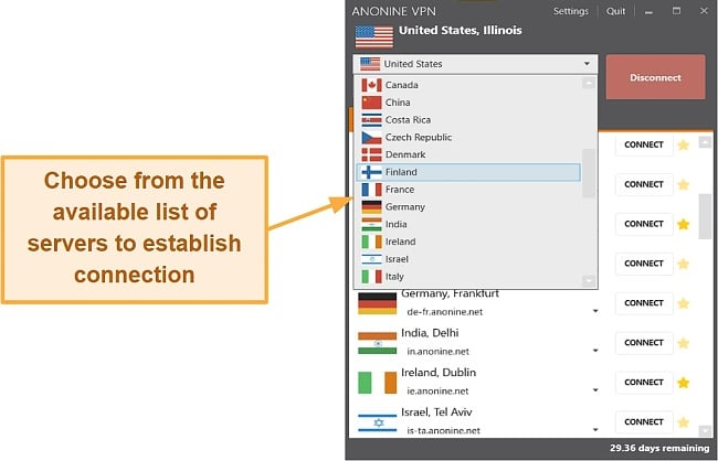 Screenshot of the server and connection interface of Anonine VPN