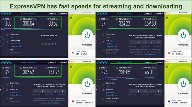 Screenshot of ExpressVPN speed tests showing download speeds of over 330 Mbps