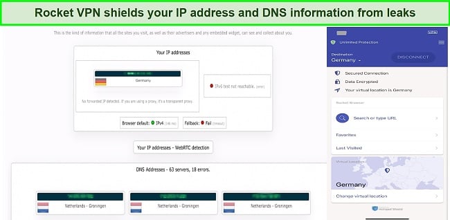 Screenshot of IP/DNS leak test results using Rocket VPN