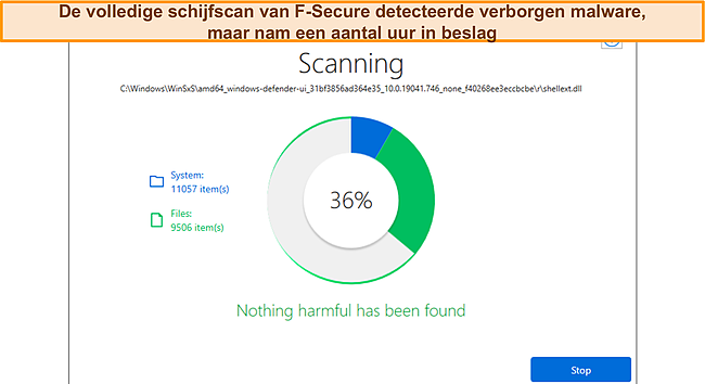 Screenshot van de voortgang van het scannen met F-Secure.