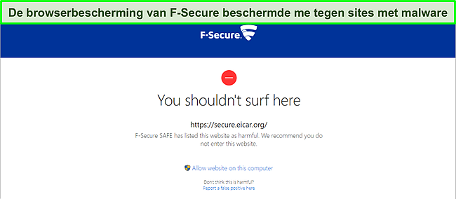 Schermafbeelding van F-Secure die een schadelijke website blokkeert.