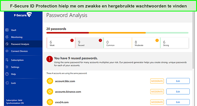 Screenshot van F-Secure wachtwoordcontrole.