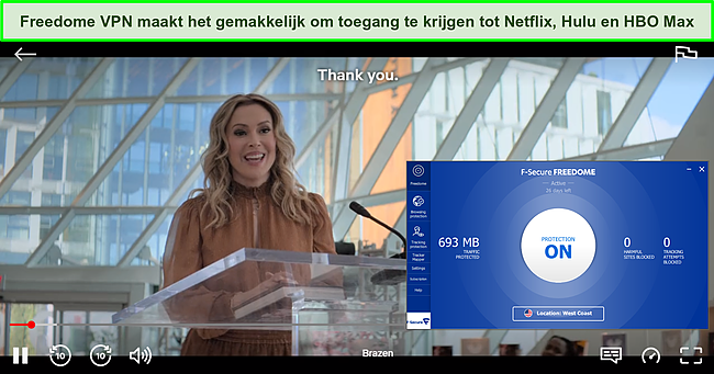 Screenshot van Freedome VPN met toegang tot Netflix.