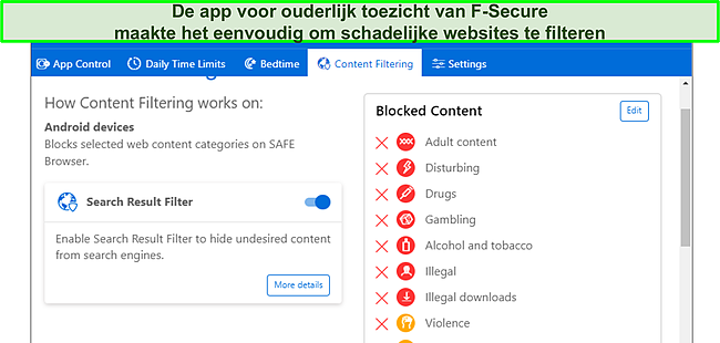 Schermafbeelding van het tabblad inhoudfiltering voor ouderlijk toezicht.