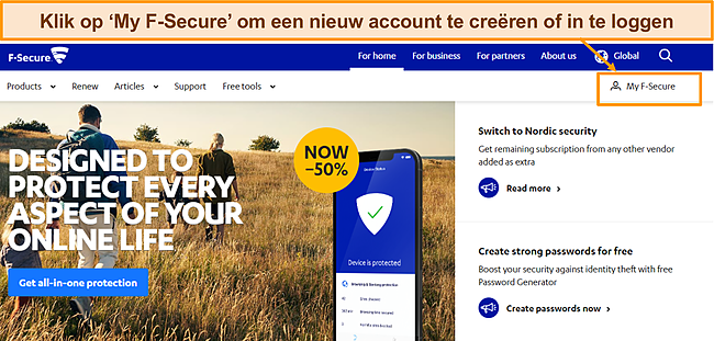 Schermafbeelding van de startpagina van F-Secure.