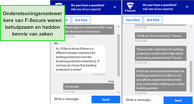 Screenshot van F-Secure live chat-ondersteuningsgesprek.