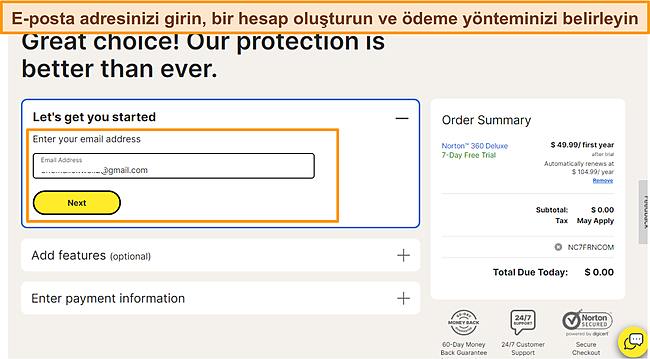 Norton Ücretsiz Deneme Kaydının ekran görüntüsü.