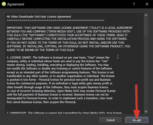 4K Video Downloader agreement screenshot
