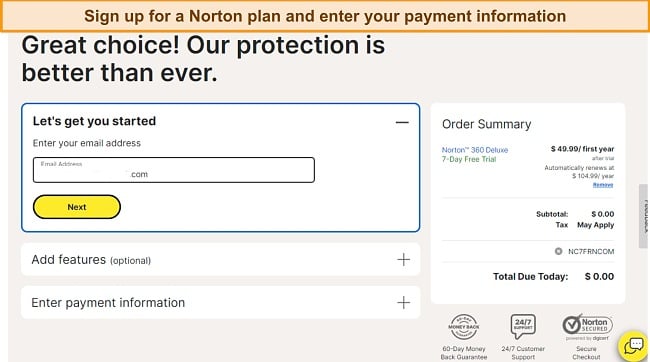 Screenshot of Norton subscription page