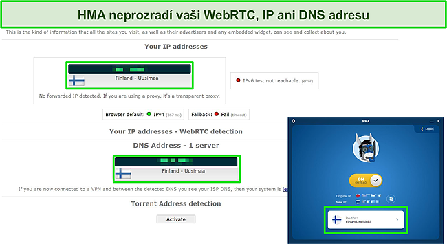 Snímek obrazovky testu IP, DNS a WebRTC na serveru HMA nevykazuje žádné úniky.