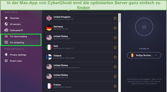 Erweiterter Startbildschirm von CyberGhost auf dem Mac