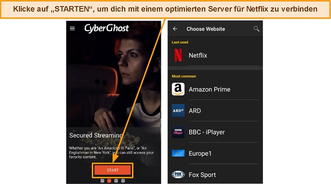 CyberGhost-Bildschirm „Sicheres Streaming“ auf einem Android-Gerät