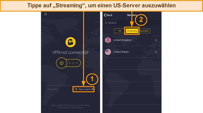 CyberGhost-Startbildschirm und Serverbildschirm auf dem iPhone